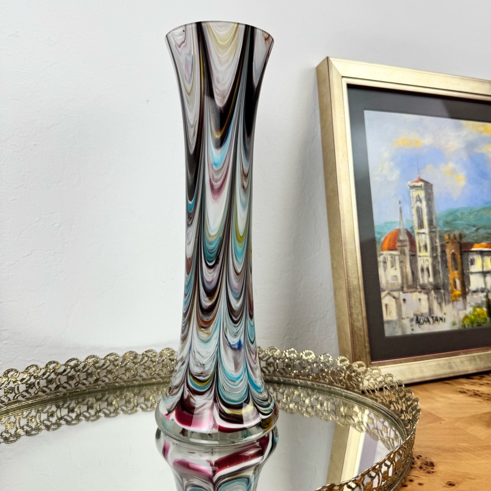 Vintage Murano Style Hand Blown Art Glass Vase – Tall Swirl Design – 10”